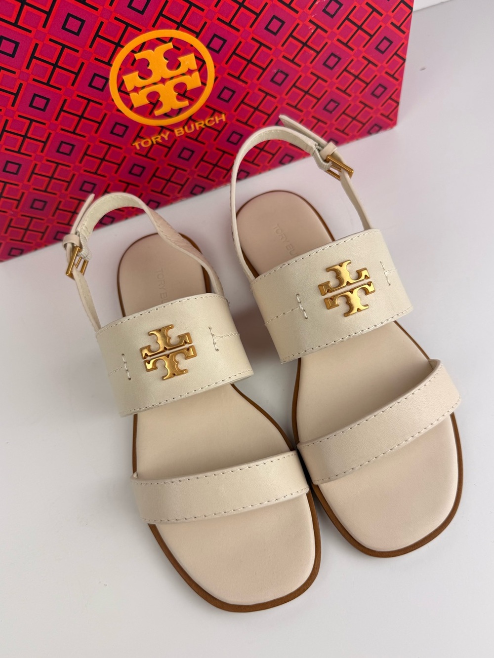 Tory Burch Mini Everly Back Strap Sandals New Ivory Gold Logo Flat Size 5